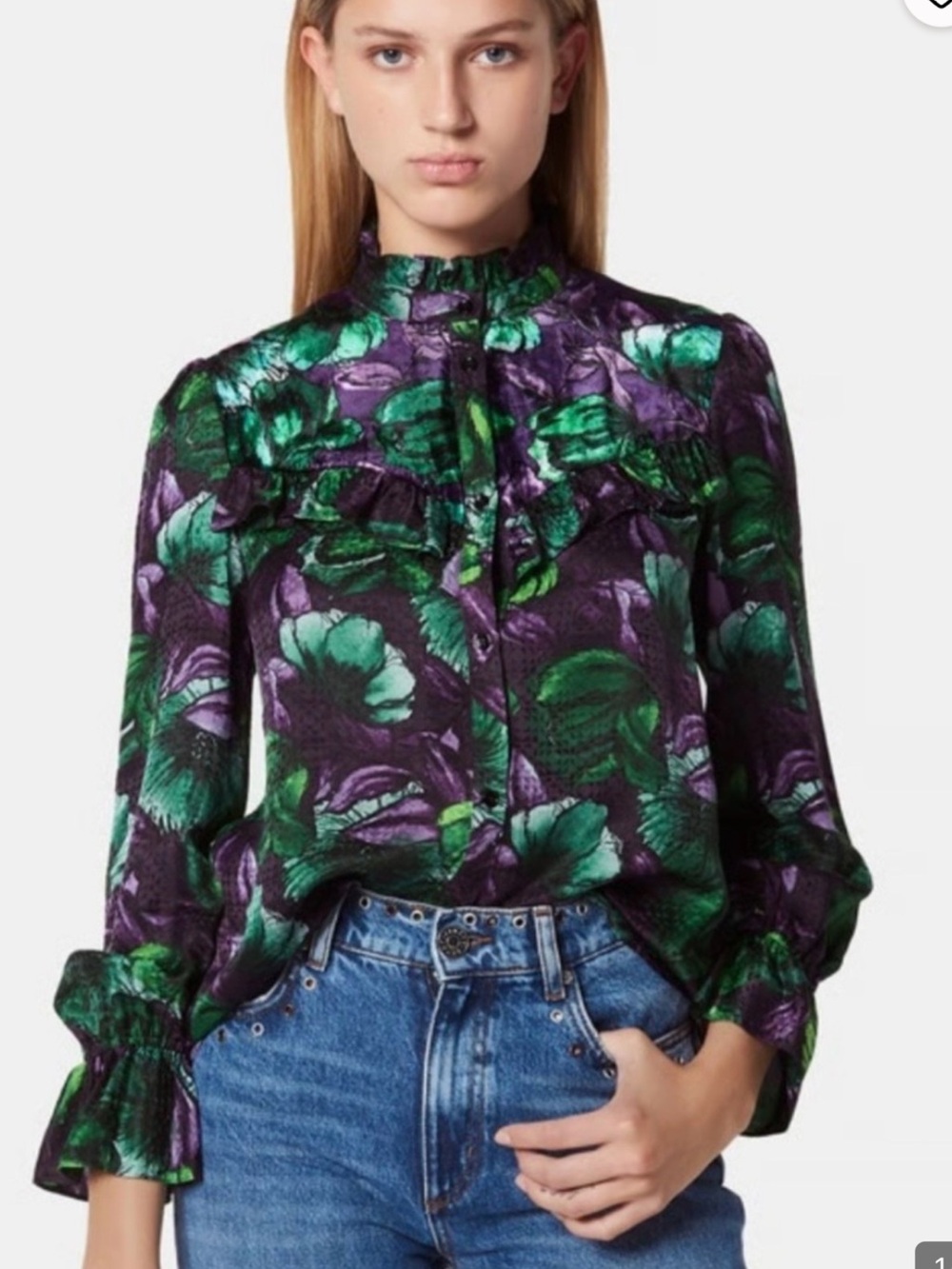 Sandro Green & Purple Floral Blouse